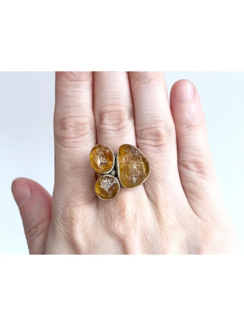Rough Cut Citrine Semi Precious Sterling Silver 925 Vintage Ring - sz 7.75